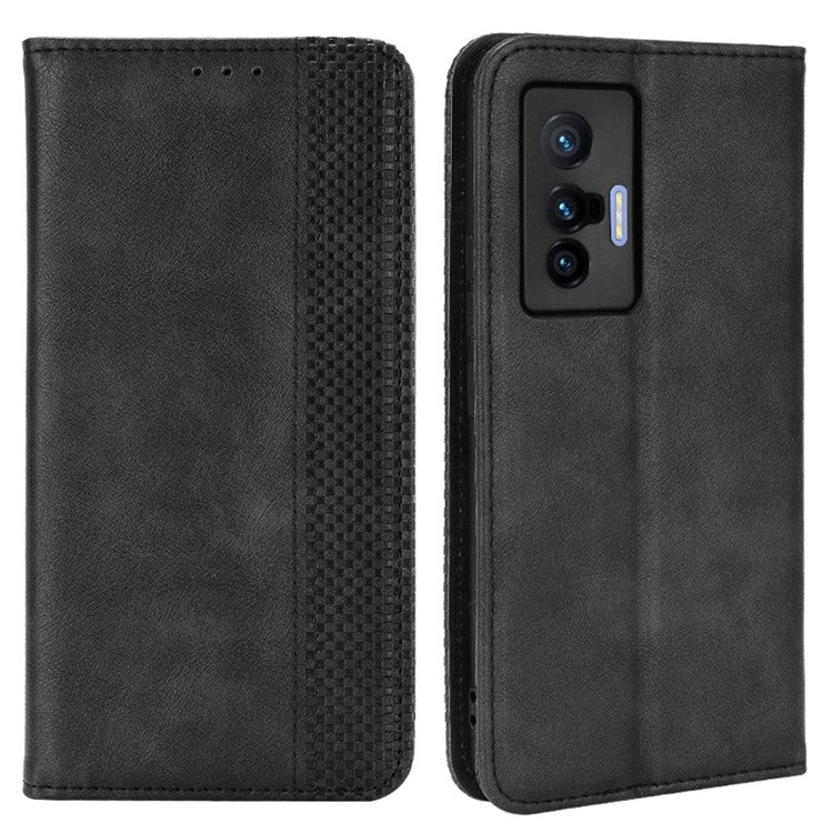 For vivo X70 Retro PU Leather Wallet Case Imprinted Mosaic Magnetic Absorption Soft TPU Shockproof Flip Folio Folding Stand Cover - Black