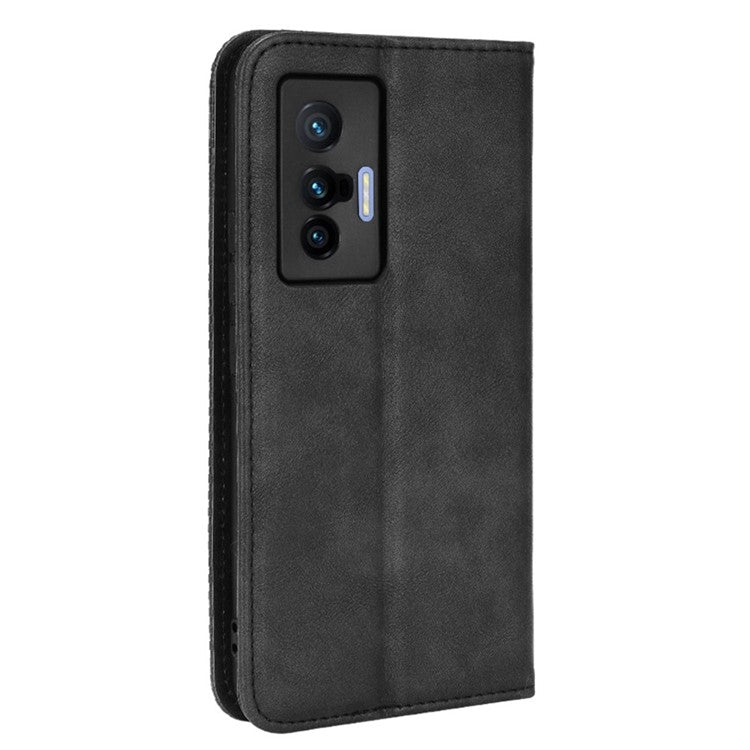 For vivo X70 Retro PU Leather Wallet Case Imprinted Mosaic Magnetic Absorption Soft TPU Shockproof Flip Folio Folding Stand Cover - Black