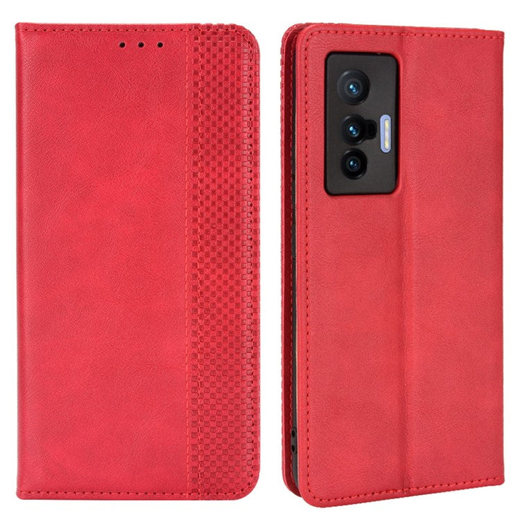 For vivo X70 Retro PU Leather Wallet Case Imprinted Mosaic Magnetic Absorption Soft TPU Shockproof Flip Folio Folding Stand Cover - Red