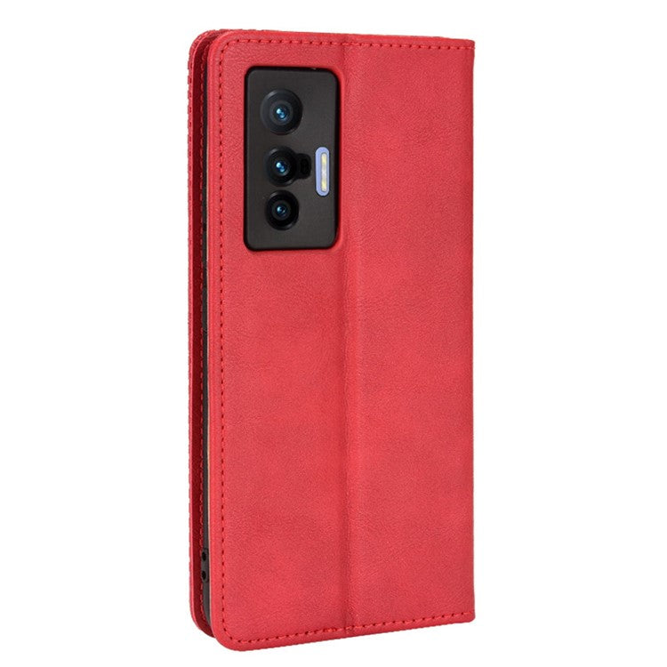 For vivo X70 Retro PU Leather Wallet Case Imprinted Mosaic Magnetic Absorption Soft TPU Shockproof Flip Folio Folding Stand Cover - Red