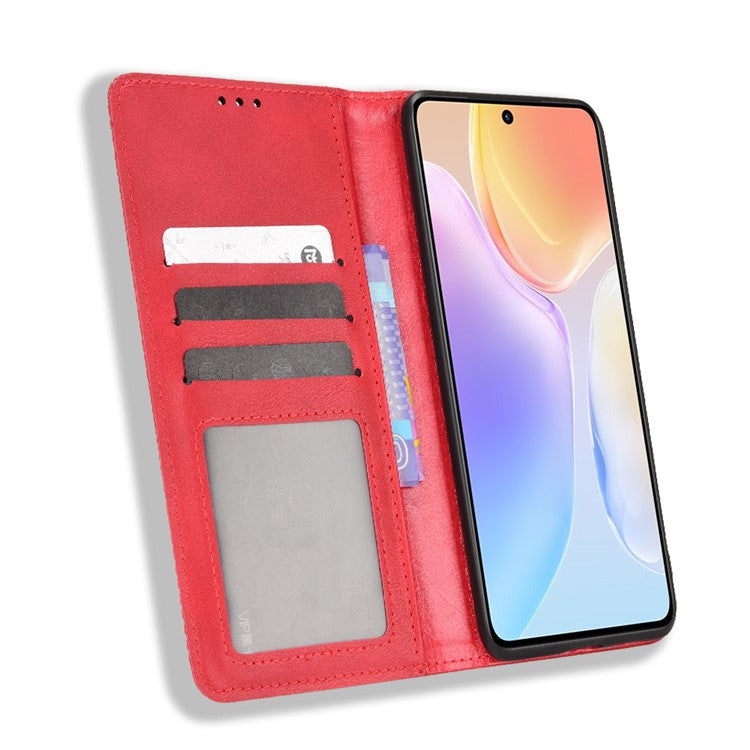 For vivo X70 Retro PU Leather Wallet Case Imprinted Mosaic Magnetic Absorption Soft TPU Shockproof Flip Folio Folding Stand Cover - Red