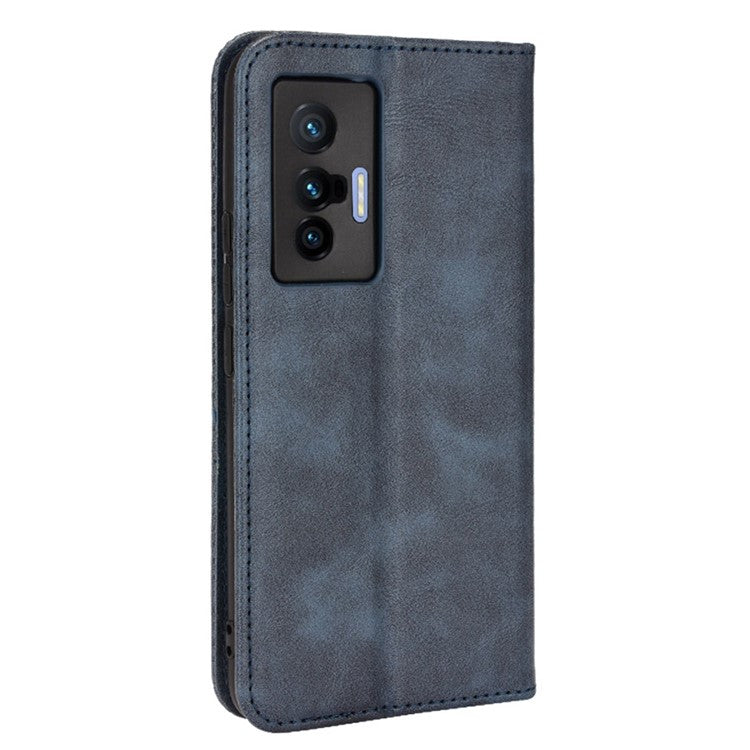 For vivo X70 Retro PU Leather Wallet Case Imprinted Mosaic Magnetic Absorption Soft TPU Shockproof Flip Folio Folding Stand Cover - Blue