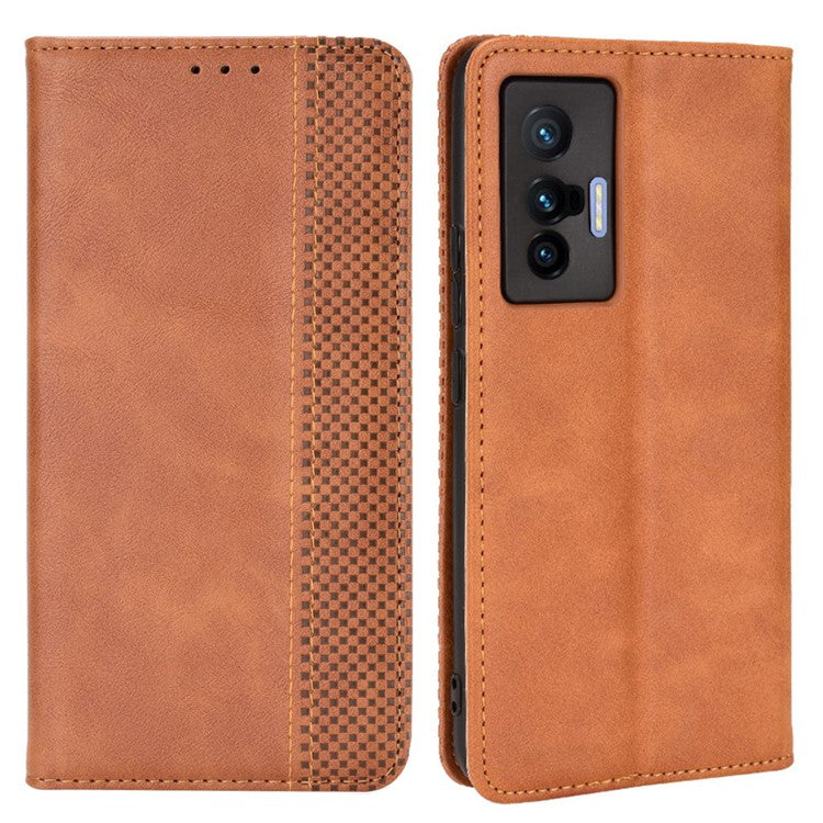 For vivo X70 Retro PU Leather Wallet Case Imprinted Mosaic Magnetic Absorption Soft TPU Shockproof Flip Folio Folding Stand Cover - Brown