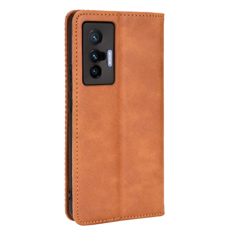 For vivo X70 Retro PU Leather Wallet Case Imprinted Mosaic Magnetic Absorption Soft TPU Shockproof Flip Folio Folding Stand Cover - Brown