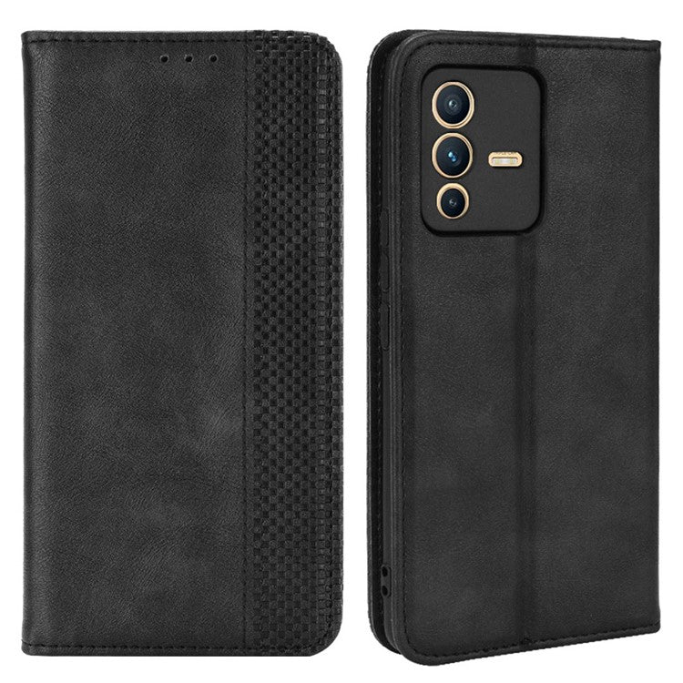 For vivo S12 Pro / V23 Pro Retro PU Leather Imprinted Mosaic Case Stand Flip Wallet Magnetic Absorption Protective Cover - Black