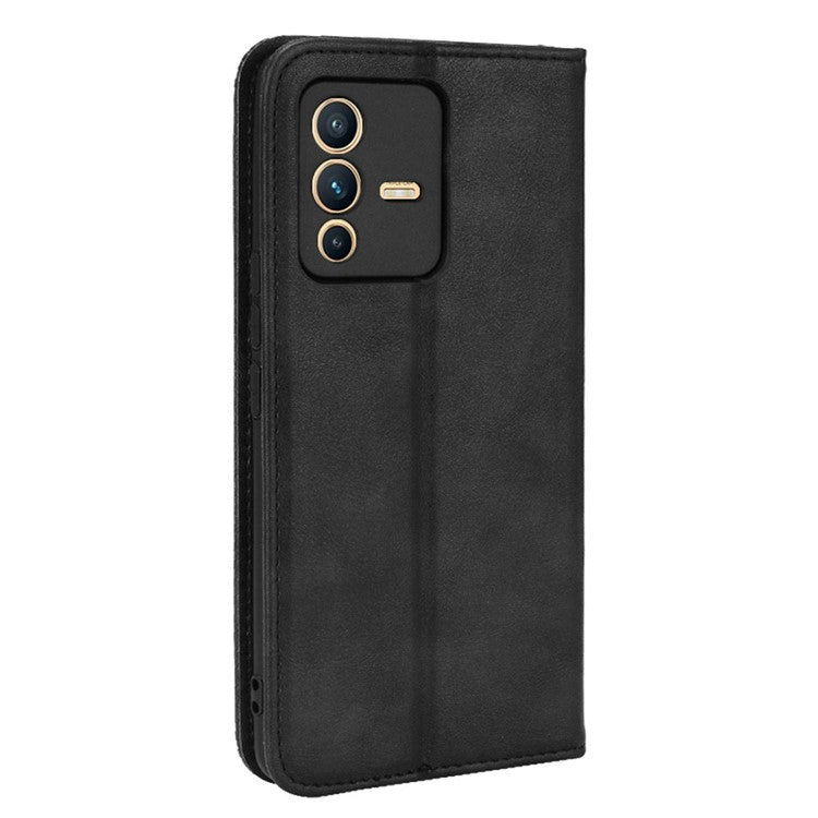 For vivo S12 Pro / V23 Pro Retro PU Leather Imprinted Mosaic Case Stand Flip Wallet Magnetic Absorption Protective Cover - Black