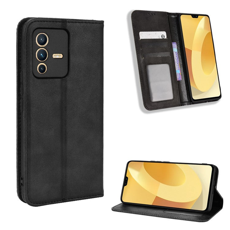 For vivo S12 Pro / V23 Pro Retro PU Leather Imprinted Mosaic Case Stand Flip Wallet Magnetic Absorption Protective Cover - Black