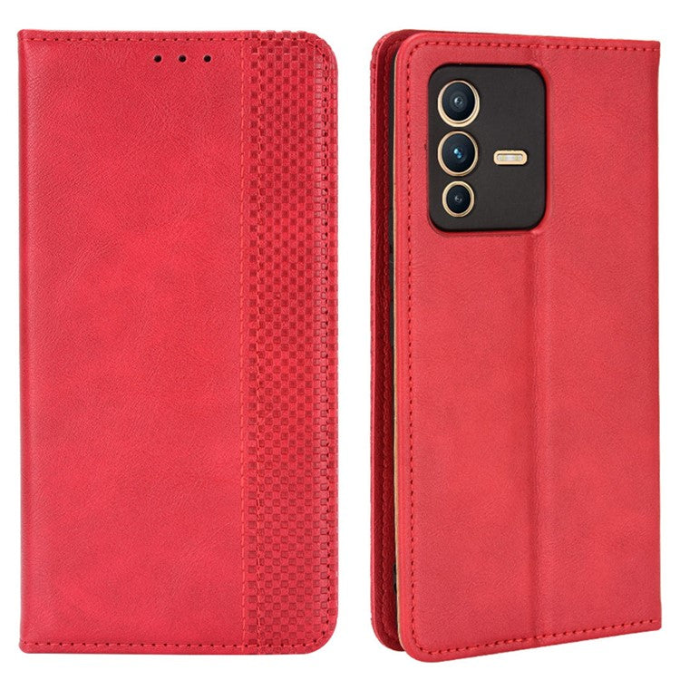 For vivo S12 Pro / V23 Pro Retro PU Leather Imprinted Mosaic Case Stand Flip Wallet Magnetic Absorption Protective Cover - Red