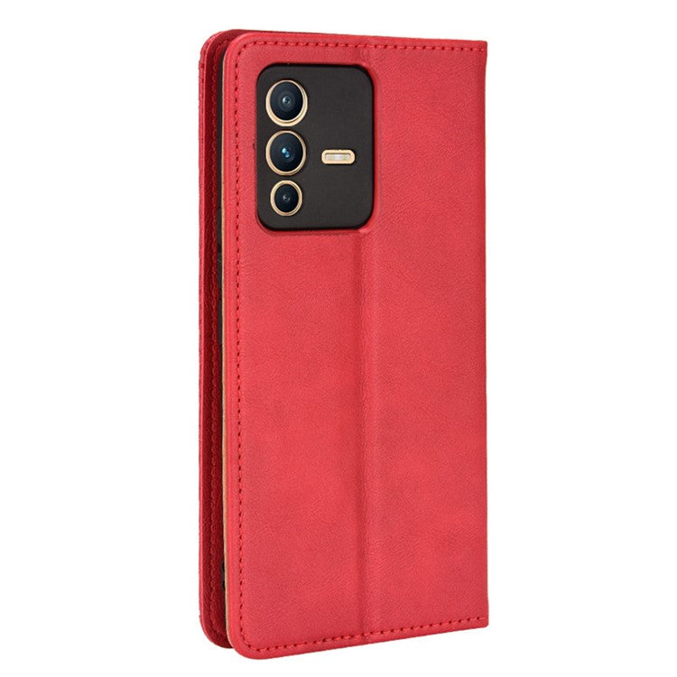 For vivo S12 Pro / V23 Pro Retro PU Leather Imprinted Mosaic Case Stand Flip Wallet Magnetic Absorption Protective Cover - Red