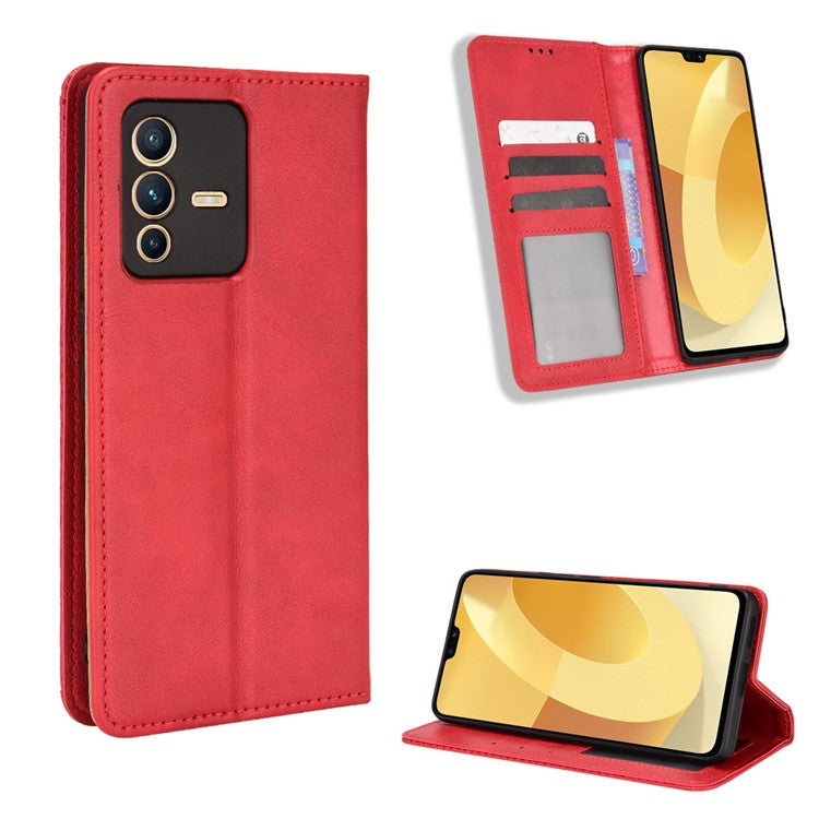 For vivo S12 Pro / V23 Pro Retro PU Leather Imprinted Mosaic Case Stand Flip Wallet Magnetic Absorption Protective Cover - Red