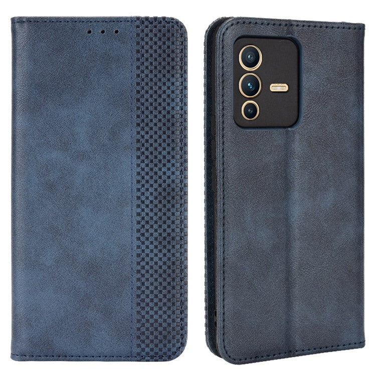 For vivo S12 Pro / V23 Pro Retro PU Leather Imprinted Mosaic Case Stand Flip Wallet Magnetic Absorption Protective Cover - Blue