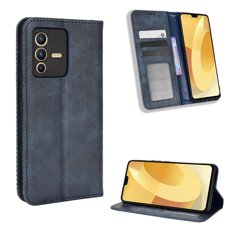 For vivo S12 Pro / V23 Pro Retro PU Leather Imprinted Mosaic Case Stand Flip Wallet Magnetic Absorption Protective Cover - Blue