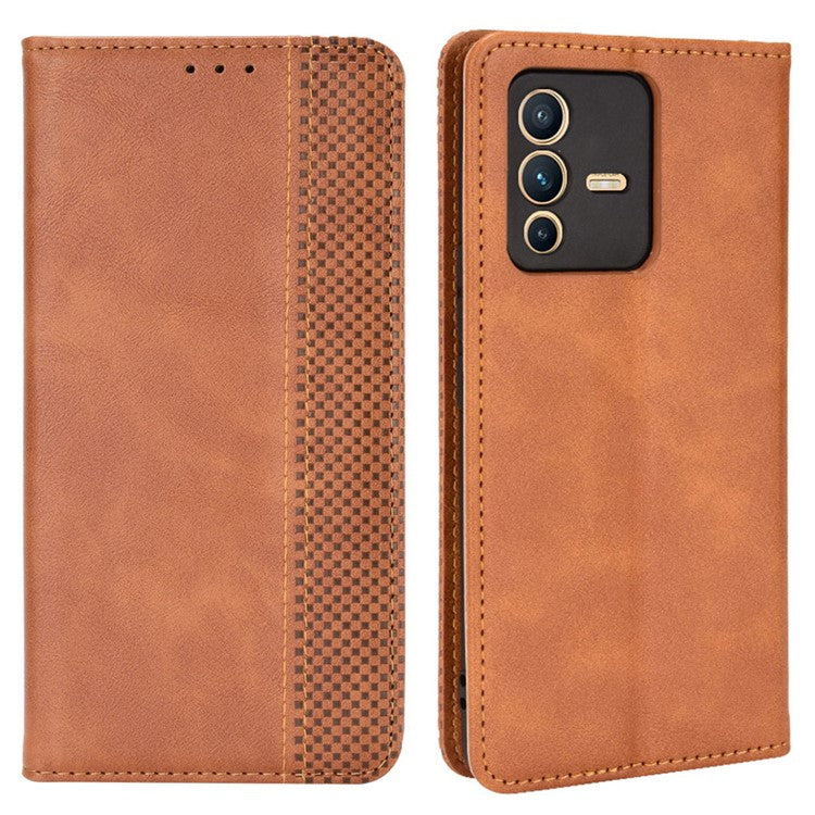 For vivo S12 Pro / V23 Pro Retro PU Leather Imprinted Mosaic Case Stand Flip Wallet Magnetic Absorption Protective Cover - Brown