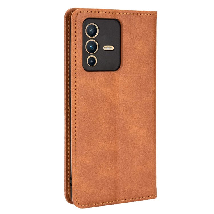 For vivo S12 Pro / V23 Pro Retro PU Leather Imprinted Mosaic Case Stand Flip Wallet Magnetic Absorption Protective Cover - Brown