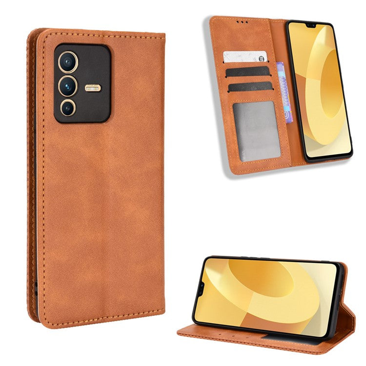 For vivo S12 Pro / V23 Pro Retro PU Leather Imprinted Mosaic Case Stand Flip Wallet Magnetic Absorption Protective Cover - Brown