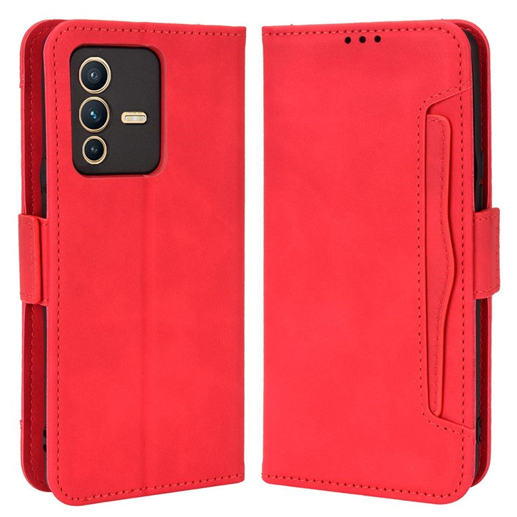 For vivo S12 Pro / V23 Pro Multi-Card Slots Wallet Phone Case Premium PU Leather Stand Magnetic Flip Protective Cover - Red