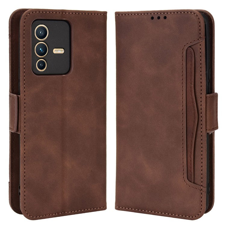 For vivo S12 Pro / V23 Pro Multi-Card Slots Wallet Phone Case Premium PU Leather Stand Magnetic Flip Protective Cover - Brown