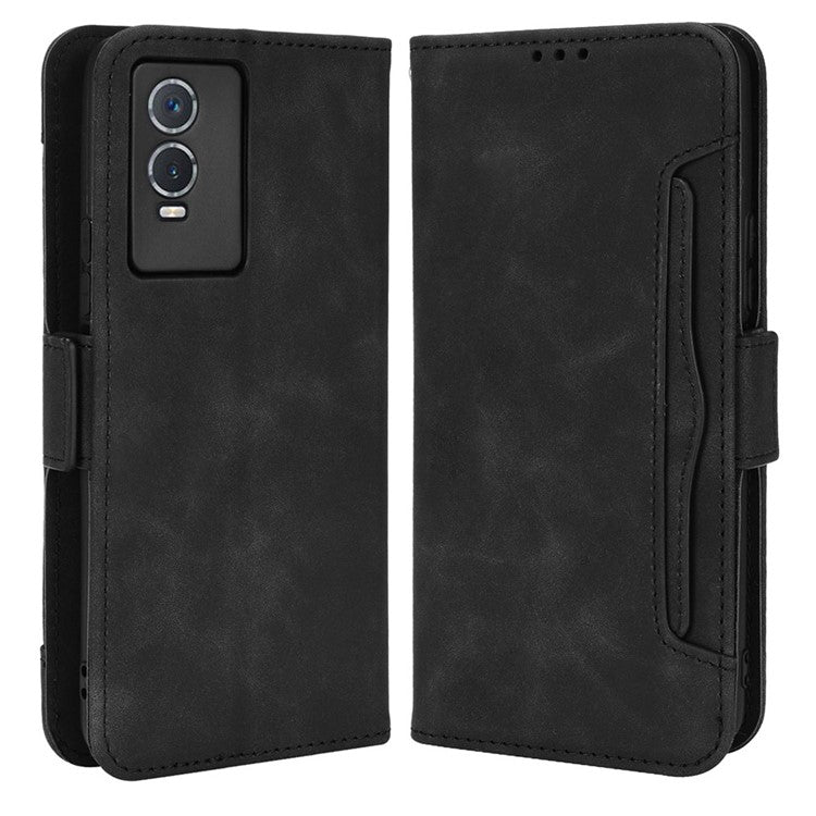 PU Leather Wallet Phone Case for vivo Y76s, Card Slots Folding Stand Magnetic Scratch-proof Flip Cover - Black