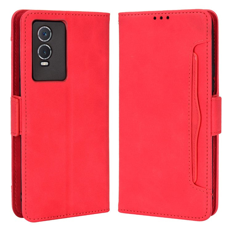 PU Leather Wallet Phone Case for vivo Y76s, Card Slots Folding Stand Magnetic Scratch-proof Flip Cover - Red