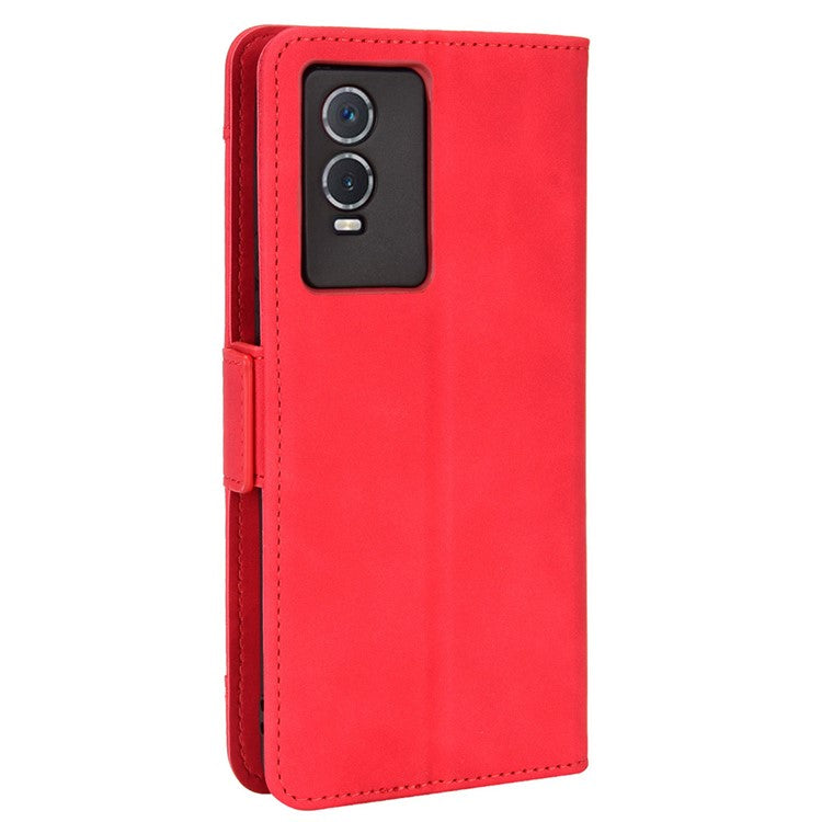 PU Leather Wallet Phone Case for vivo Y76s, Card Slots Folding Stand Magnetic Scratch-proof Flip Cover - Red