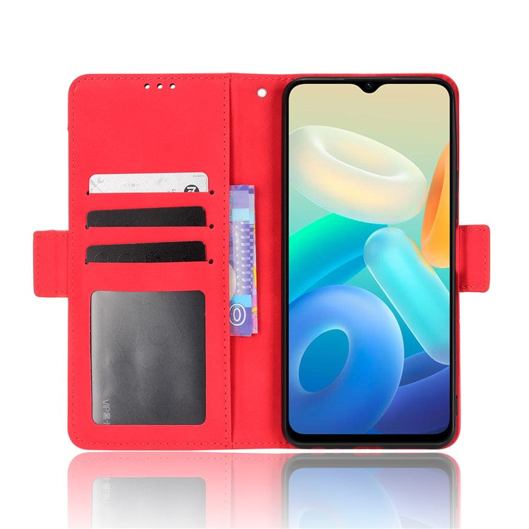 PU Leather Wallet Phone Case for vivo Y76s, Card Slots Folding Stand Magnetic Scratch-proof Flip Cover - Red