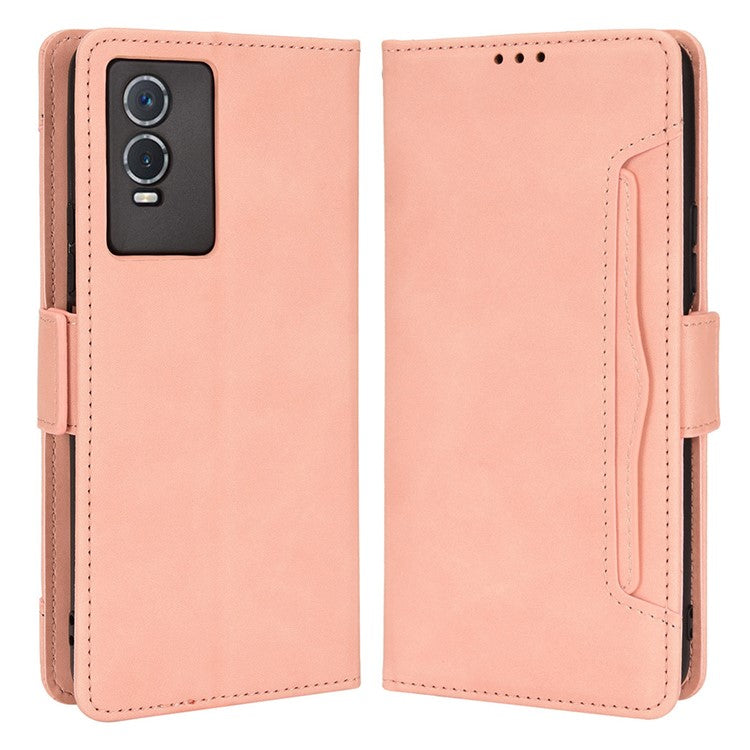 PU Leather Wallet Phone Case for vivo Y76s, Card Slots Folding Stand Magnetic Scratch-proof Flip Cover - Pink