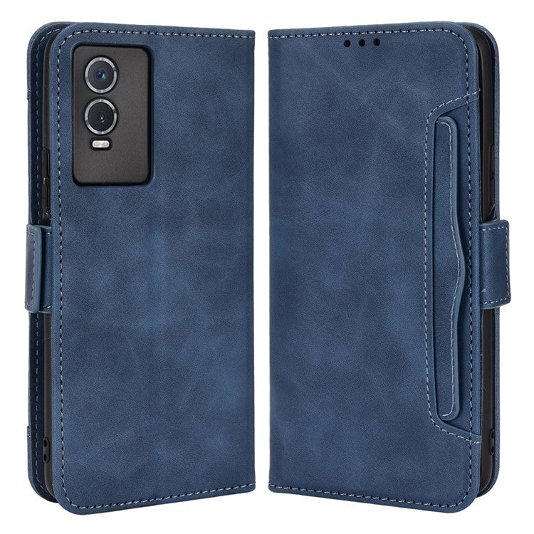 PU Leather Wallet Phone Case for vivo Y76s, Card Slots Folding Stand Magnetic Scratch-proof Flip Cover - Blue