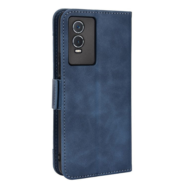 PU Leather Wallet Phone Case for vivo Y76s, Card Slots Folding Stand Magnetic Scratch-proof Flip Cover - Blue