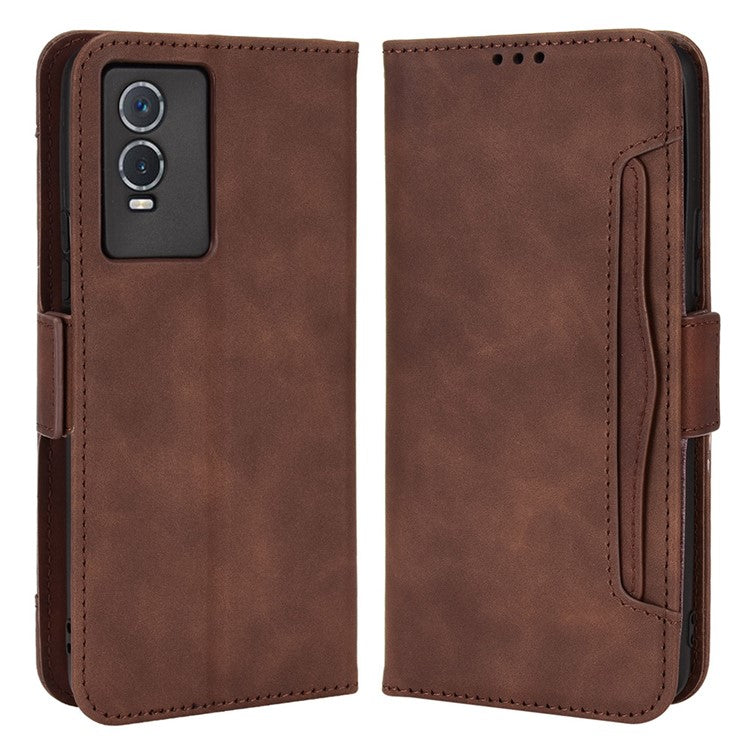 PU Leather Wallet Phone Case for vivo Y76s, Card Slots Folding Stand Magnetic Scratch-proof Flip Cover - Brown