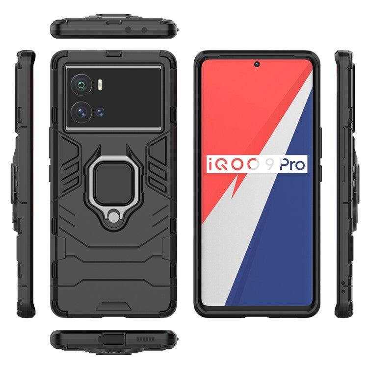 For vivo iQOO 9 Pro Soft TPU + Hard PC Cover Anti-drop Well-protected Phone Case with Ring Kickstand - Black