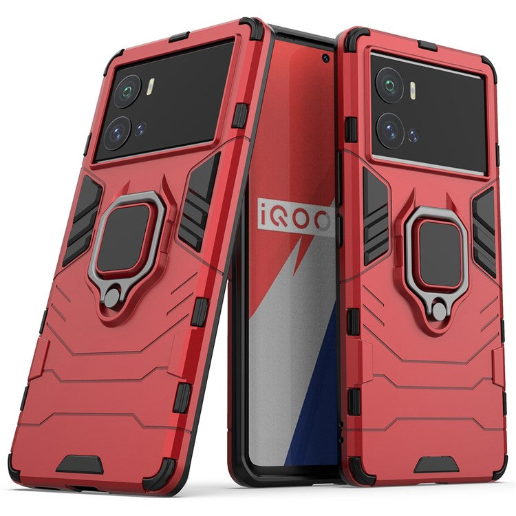 For vivo iQOO 9 Pro Soft TPU + Hard PC Cover Anti-drop Well-protected Phone Case with Ring Kickstand - Red