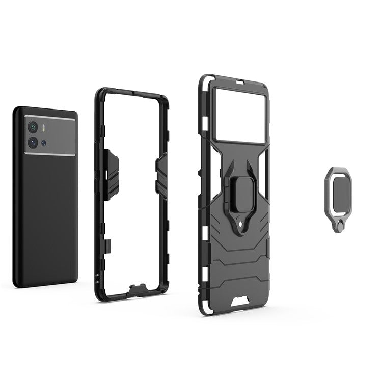 For vivo iQOO 9 (China) Ring Holder Kickstand Phone Case Soft TPU + Hard PC Fall Protection Hybrid Cover - Black