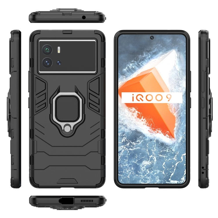 For vivo iQOO 9 (China) Ring Holder Kickstand Phone Case Soft TPU + Hard PC Fall Protection Hybrid Cover - Black