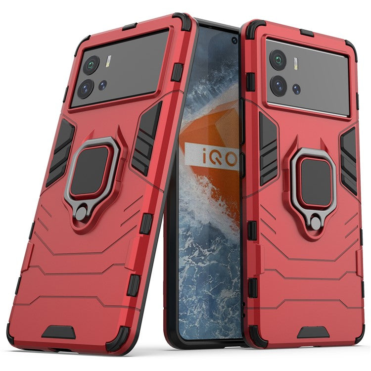 For vivo iQOO 9 (China) Ring Holder Kickstand Phone Case Soft TPU + Hard PC Fall Protection Hybrid Cover - Red