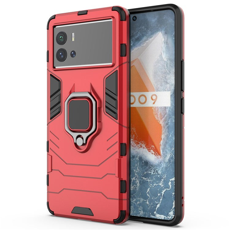 For vivo iQOO 9 (China) Ring Holder Kickstand Phone Case Soft TPU + Hard PC Fall Protection Hybrid Cover - Red