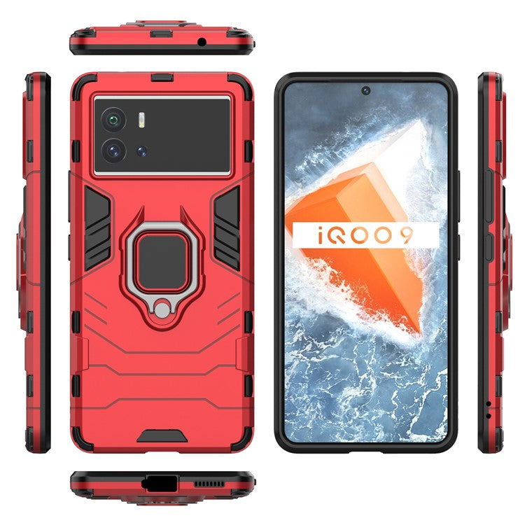 For vivo iQOO 9 (China) Ring Holder Kickstand Phone Case Soft TPU + Hard PC Fall Protection Hybrid Cover - Red