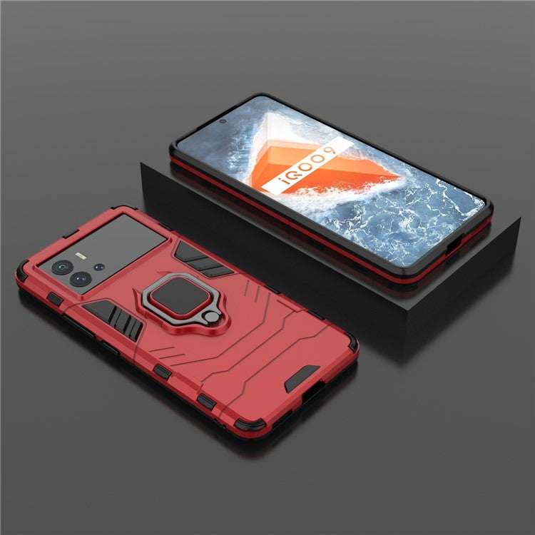 For vivo iQOO 9 (China) Ring Holder Kickstand Phone Case Soft TPU + Hard PC Fall Protection Hybrid Cover - Red