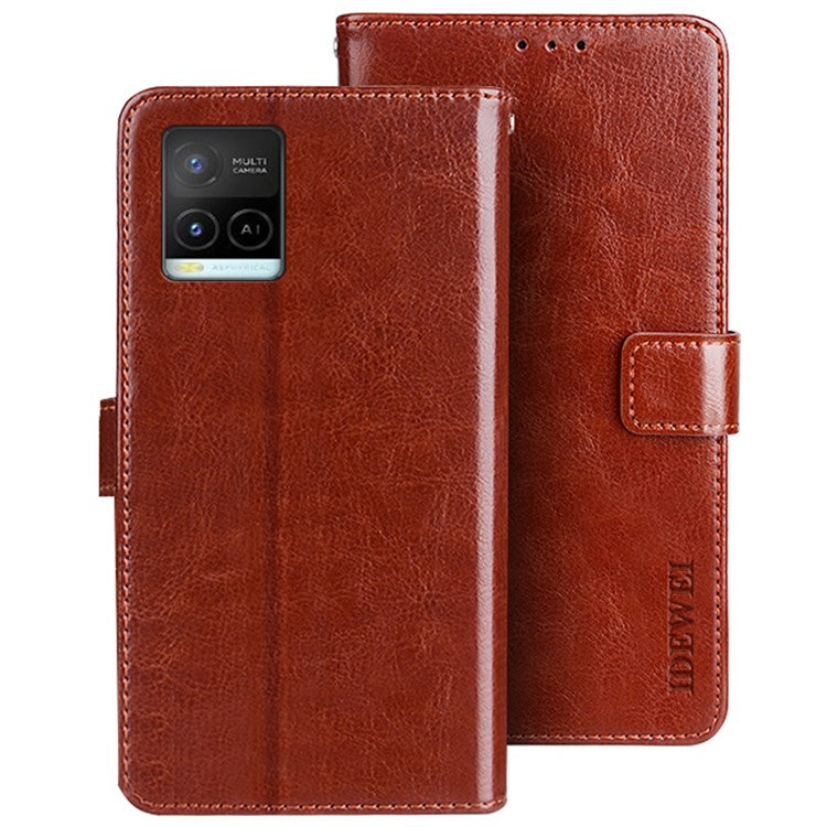 IDEWEI For vivo Y32 PU Leather Phone Case Crazy Horse Texture Stand Wallet Magnetic Clasp Cover - Brown