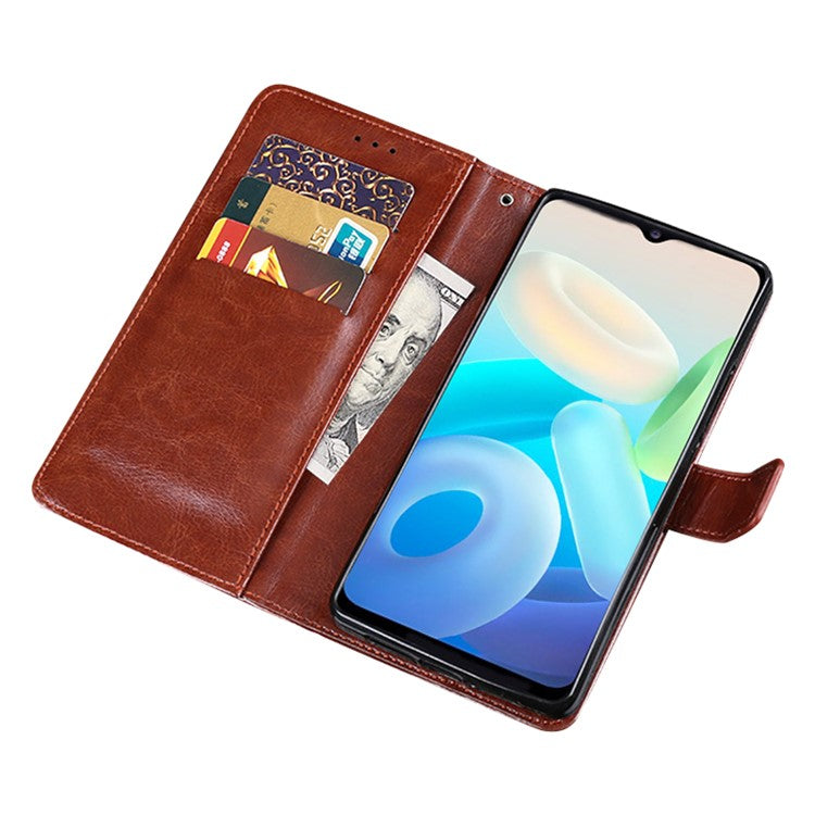 IDEWEI For vivo Y32 PU Leather Phone Case Crazy Horse Texture Stand Wallet Magnetic Clasp Cover - Brown