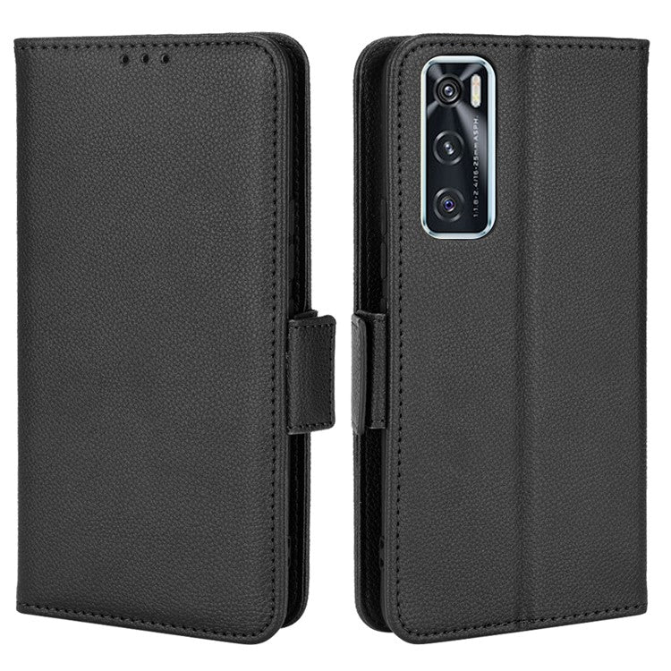 For vivo V20 SE/Y70 2020 Stand Wallet Litchi Texture Anti-scratch Leather Cover Soft TPU Inner Case - Black