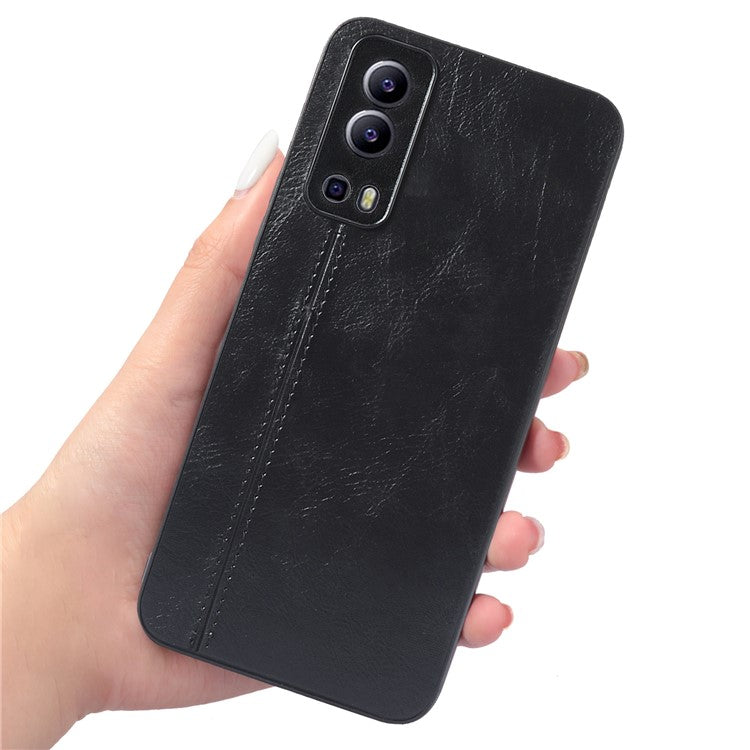 For vivo Y72 5G Stitching PU Leather Coated Hard PC + Soft TPU Back Case Phone Protective Cover - Black