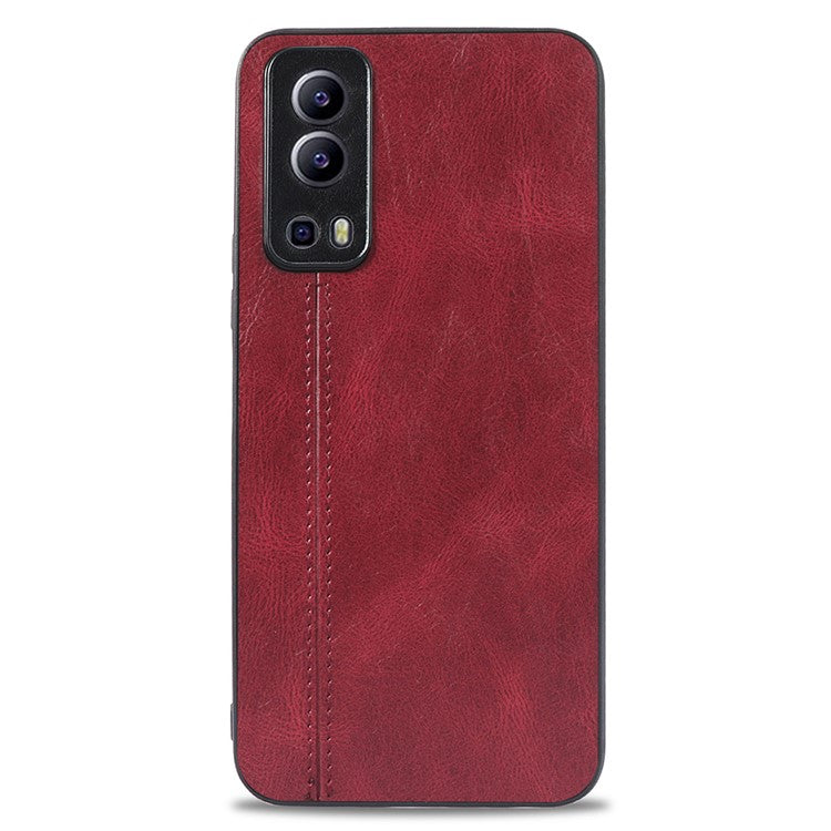 For vivo Y72 5G Stitching PU Leather Coated Hard PC + Soft TPU Back Case Phone Protective Cover - Red