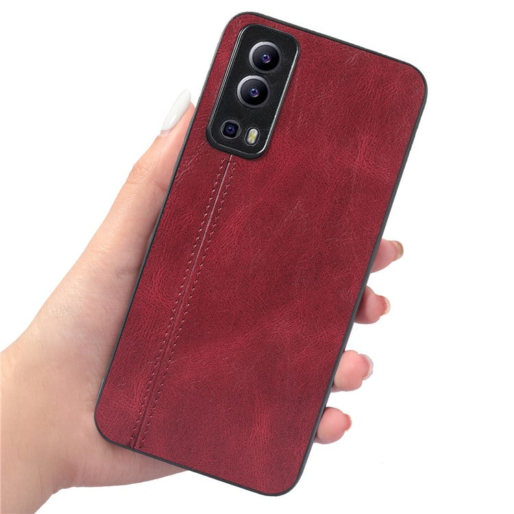 For vivo Y72 5G Stitching PU Leather Coated Hard PC + Soft TPU Back Case Phone Protective Cover - Red