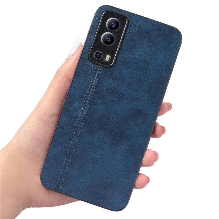 For vivo Y72 5G Stitching PU Leather Coated Hard PC + Soft TPU Back Case Phone Protective Cover - Blue