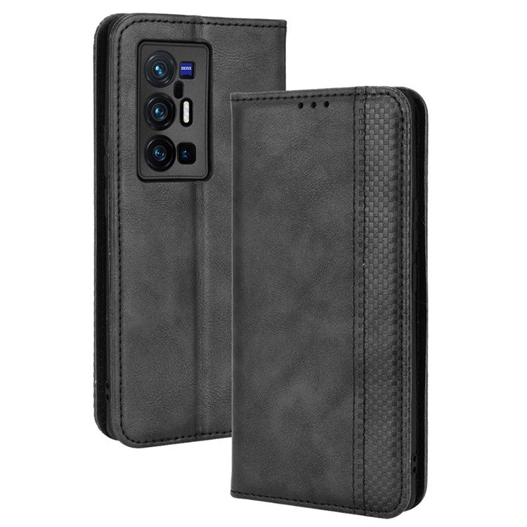 PU Leather Mosaic Imprinted Case for vivo X70 Pro+, Foldable Stand Wallet Magnetic Auto-absorbed Cover - Black