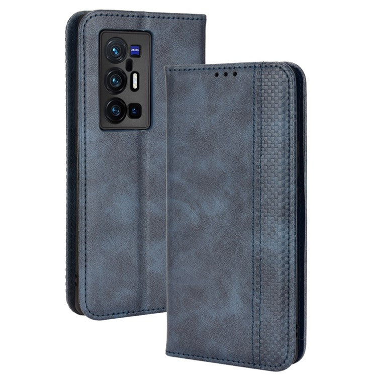 PU Leather Mosaic Imprinted Case for vivo X70 Pro+, Foldable Stand Wallet Magnetic Auto-absorbed Cover - Blue