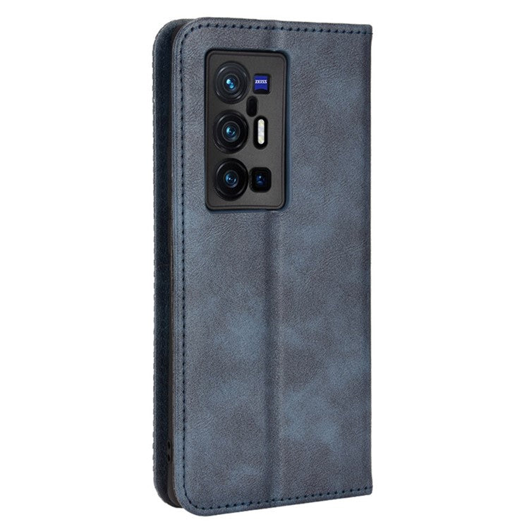 PU Leather Mosaic Imprinted Case for vivo X70 Pro+, Foldable Stand Wallet Magnetic Auto-absorbed Cover - Blue