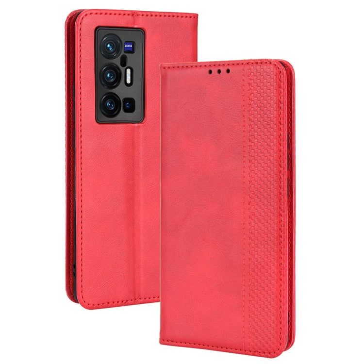 PU Leather Mosaic Imprinted Case for vivo X70 Pro+, Foldable Stand Wallet Magnetic Auto-absorbed Cover - Red