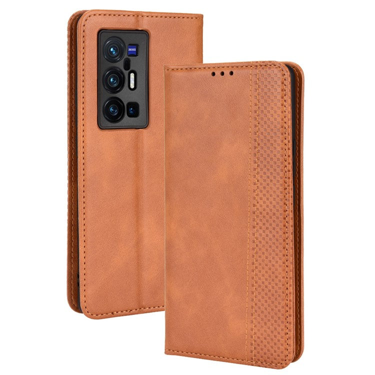 PU Leather Mosaic Imprinted Case for vivo X70 Pro+, Foldable Stand Wallet Magnetic Auto-absorbed Cover - Brown