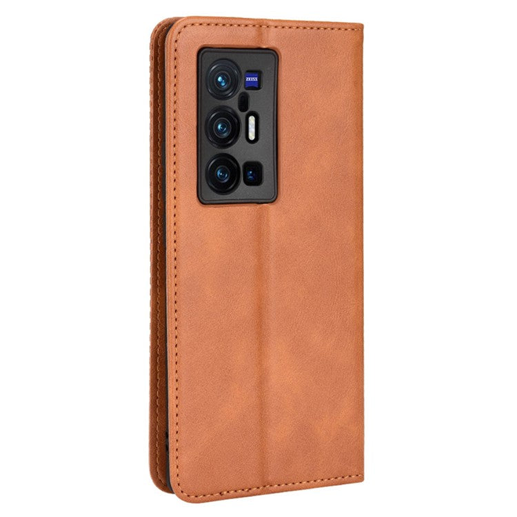 PU Leather Mosaic Imprinted Case for vivo X70 Pro+, Foldable Stand Wallet Magnetic Auto-absorbed Cover - Brown